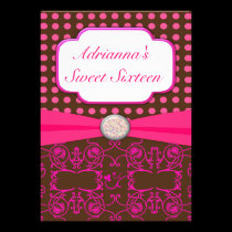 Sweet Sixteen Brown With Pink Damask Birthday invitations