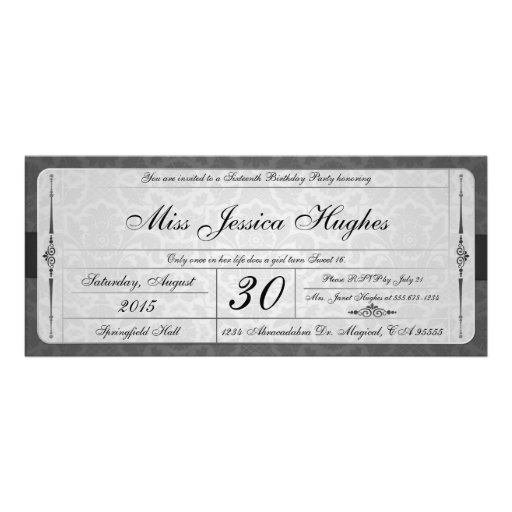 Sweet Sixteen Damask Ticket Invitation