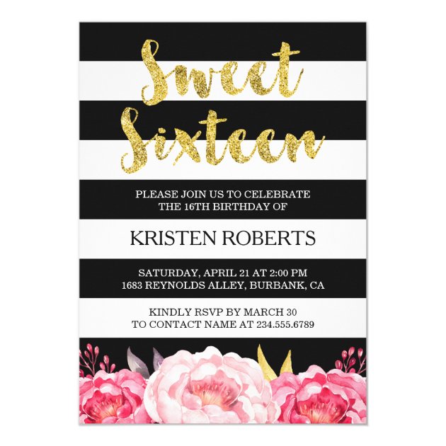 Sweet Sixteen Floral Gold Black White Stripes Card (front side)