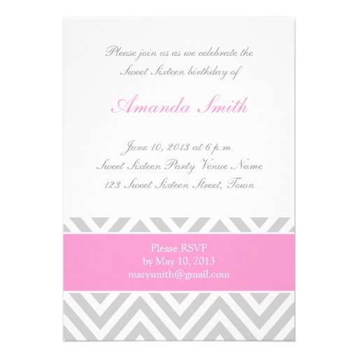 SWEET SIXTEEN GIRLY PINK GRAY CHEVRON PATTERN INVITATION