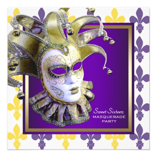Sweet Sixteen Gold Purple Masquerade Party Personalized Announcement