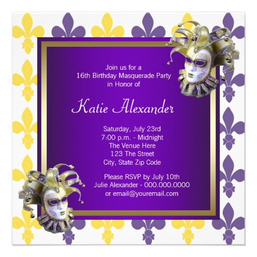 Sweet Sixteen Gold Purple Masquerade Party Personalized Announcement