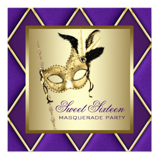 Sweet Sixteen Gold Purple Masquerade Party Invites