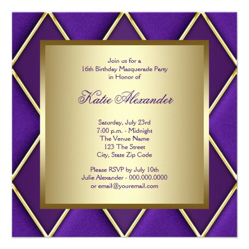 Sweet Sixteen Gold Purple Masquerade Party Invites