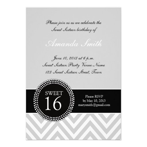 SWEET SIXTEEN GREY ZIG ZAG CHEVRON PATTERN CUSTOM INVITATIONS