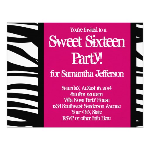 Sweet Sixteen, Hot Pink Zebra Personalized Invite
