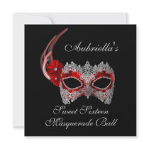"Sweet Sixteen Masquerade Ball" Red/White Mask w/  Personalized Invite