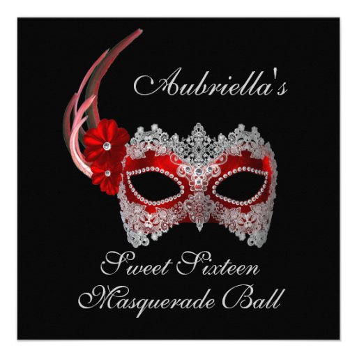 "Sweet Sixteen Masquerade Ball" Red/White Mask w/  Personalized Invite