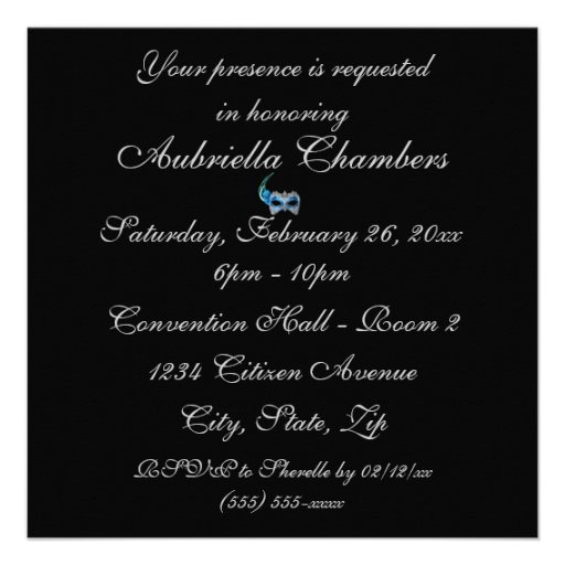 "Sweet Sixteen Masquerade Ball" Turquoise Mask w/  Custom Invites