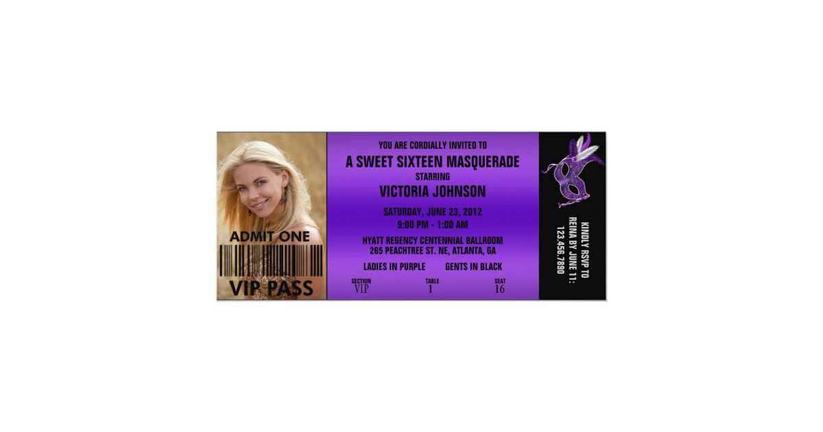 Sweet Sixteen Masquerade VIP Admission Ticket Card Zazzle