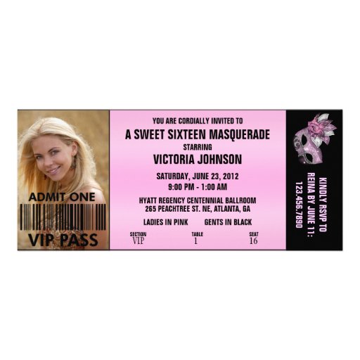 Sweet Sixteen Masquerade VIP Admission Ticket Invite