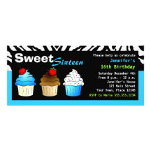 Sweet Sixteen Party Aqua Blue Zebra - Cupcakes Invite