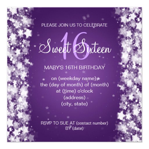 Sweet Sixteen Party Dazzling Stars Purple Invite