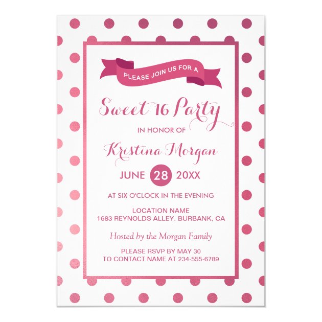 Sweet Sixteen Party Girly Pink Glitter Polk Dots Card (front side)
