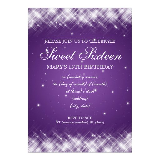 Sweet Sixteen Party Glamorous Sparks Purple Personalized Announcement