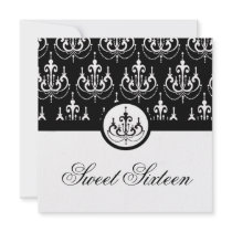 sweet sixteen party invite black gold chic damask