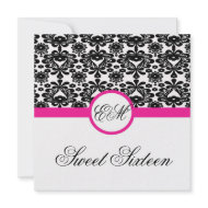 sweet sixteen party invite black pink chic damask invitation