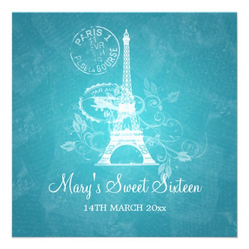 Sweet Sixteen Party Romantic Paris Blue Custom Announcement