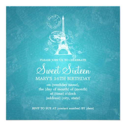 Sweet Sixteen Party Romantic Paris Blue Custom Announcement
