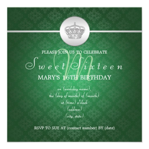 Sweet Sixteen Party Royal Crown 2 Green Personalized Invite