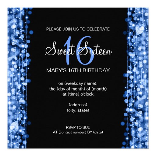 Sweet Sixteen Party Sparkles Blue Personalized Invitation