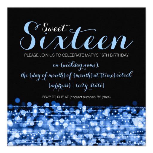 Sweet Sixteen Party Sparkles & Lights Blue Invitations