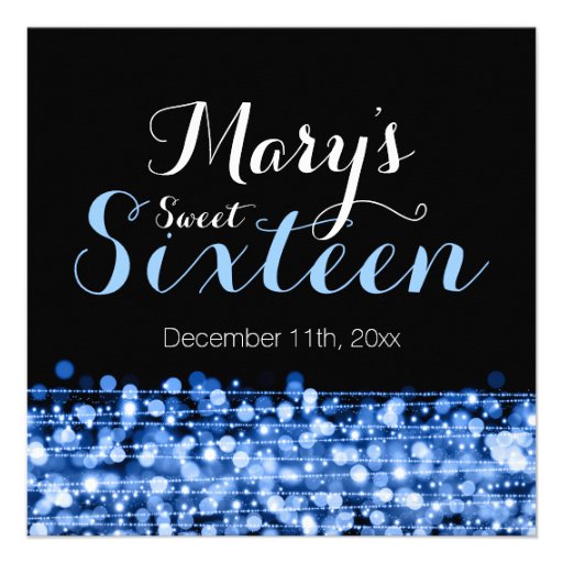 Sweet Sixteen Party Sparkles & Lights Blue Invitations