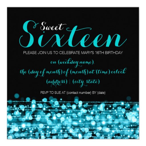 Sweet Sixteen Party Sparkles & Lights Turquoise Personalized Announcement