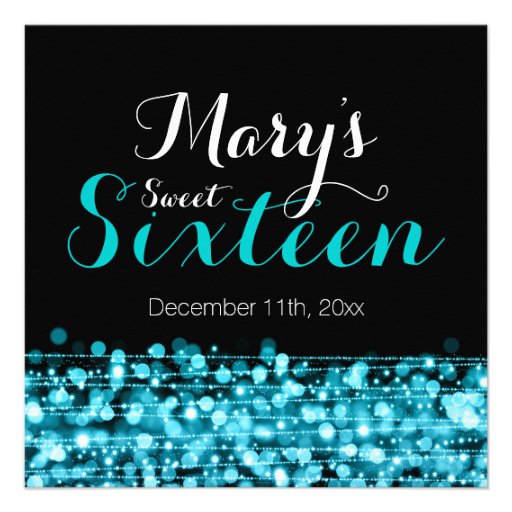Sweet Sixteen Party Sparkles & Lights Turquoise Personalized Announcement