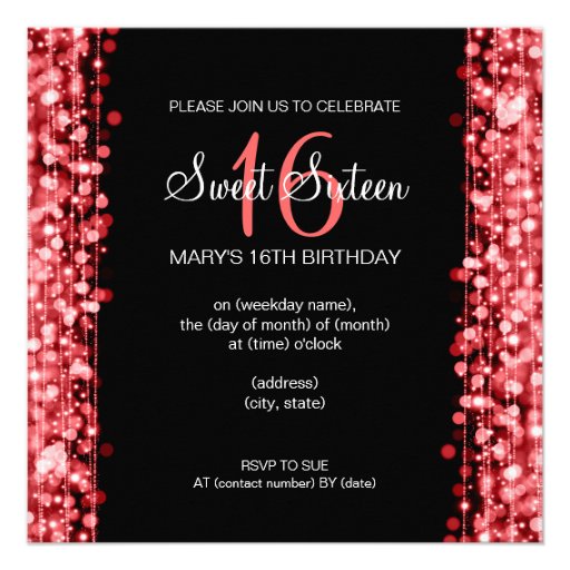 Sweet Sixteen Party Sparkles Red Personalized Invite