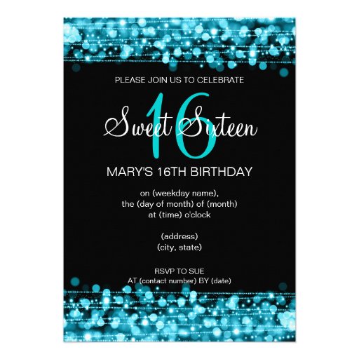 Sweet Sixteen Party Sparkles Turquoise Custom Invites (front side)