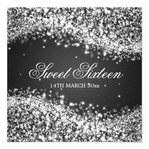 Sweet Sixteen Party Sparkling Wave Black Invites