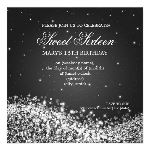 Sweet Sixteen Party Sparkling Wave Black Invites
