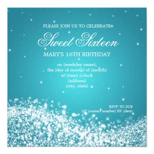 Sweet Sixteen Party Sparkling Wave Blue Personalized Invite