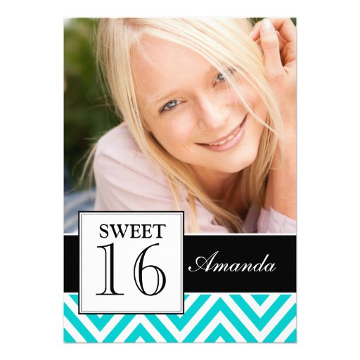 SWEET SIXTEEN PARTY TEAL CHEVRON PERSONALIZED ANNOUNCEMENT
