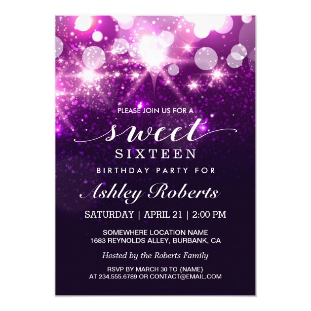 Sweet Sixteen Party Trendy Purple Glitter Sparkles Card (front side)