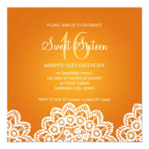 Sweet Sixteen Party Vintage Lace Orange Personalized Announcement