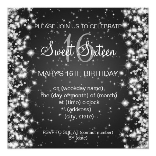 Sweet Sixteen Party Winter Sparkle Black Invites