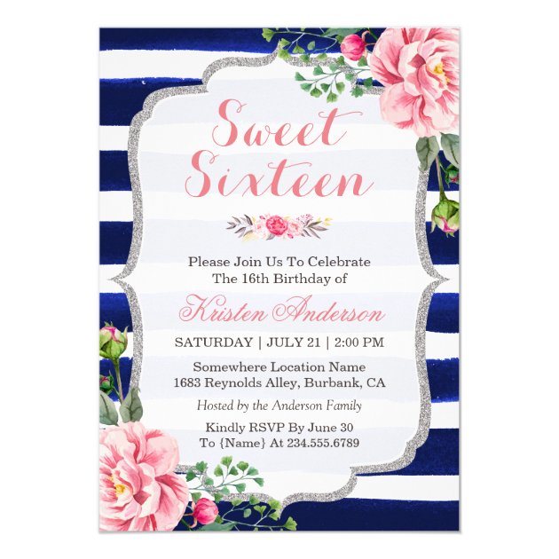 Sweet Sixteen Pink Floral Silver Blue Stripes Card (front side)