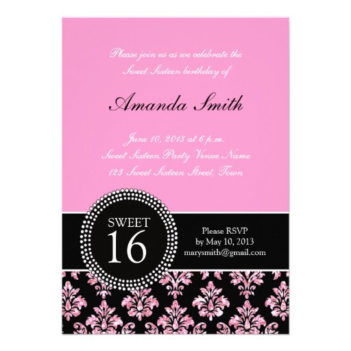 SWEET SIXTEEN, PINK GLITTER,  BLACK DAMASK CUSTOM ANNOUNCEMENTS