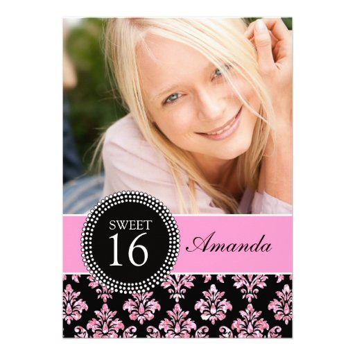 SWEET SIXTEEN, PINK GLITTER,  BLACK DAMASK CUSTOM ANNOUNCEMENTS