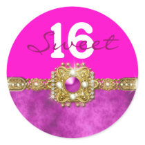 "sweet sixteen" pink gold 16 birthday round stickers