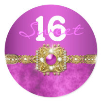 "sweet sixteen" pink gold 16 birthday round sticker