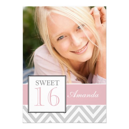 SWEET SIXTEEN PINK GRAY CHEVRON PATTERN INVITATION