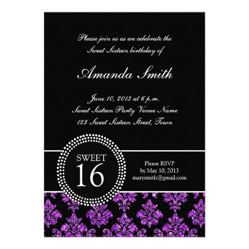 SWEET SIXTEEN, PURPLE GLITTER,  BLACK DAMASK PERSONALIZED INVITATION