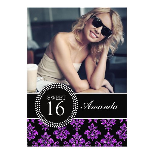 SWEET SIXTEEN, PURPLE GLITTER,  BLACK DAMASK PERSONALIZED INVITATION