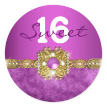 "sweet sixteen" purple gold 16 birthday round sticker