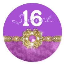 "sweet sixteen" purple gold 16 birthday round sticker