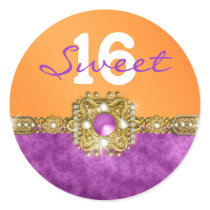 "sweet sixteen" purple orange 16 birthday round stickers