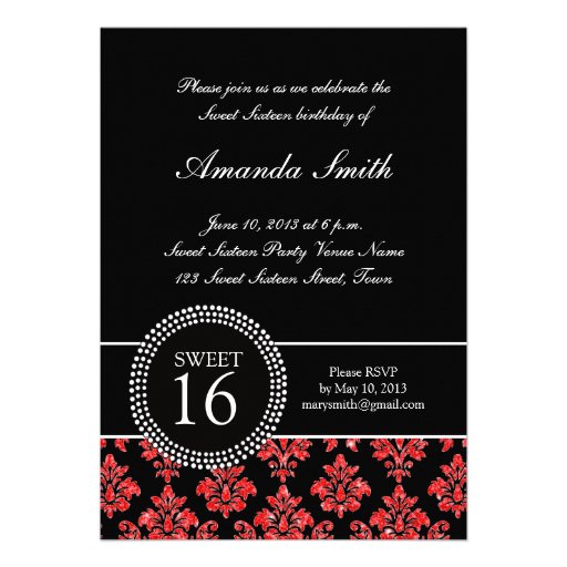 SWEET SIXTEEN, RED GLITTER,  BLACK DAMASK PERSONALIZED ANNOUNCEMENTS